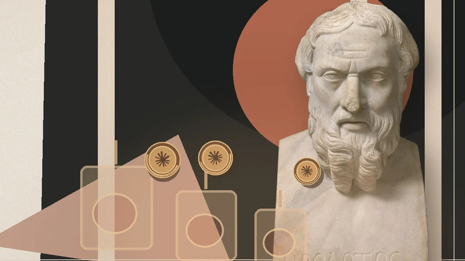 Colagem de laboratório de experimentação com busto histórico, vidrarias e protótipos, em tons de bronze e papel envelhecido.