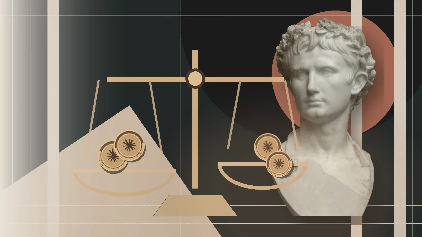 Balança metálica e escultura clássica acompanhadas de moedas com o símbolo do Claude, representando o equilíbrio entre custo de tokens e valor para o cliente.
